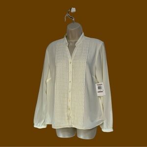 JM Collection Petite Career Blouse Ivory Button Down Pleated with Pearls 12P